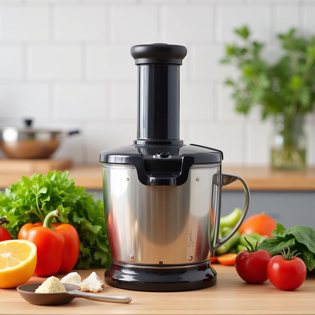 Stainless steel food chopper on countertop