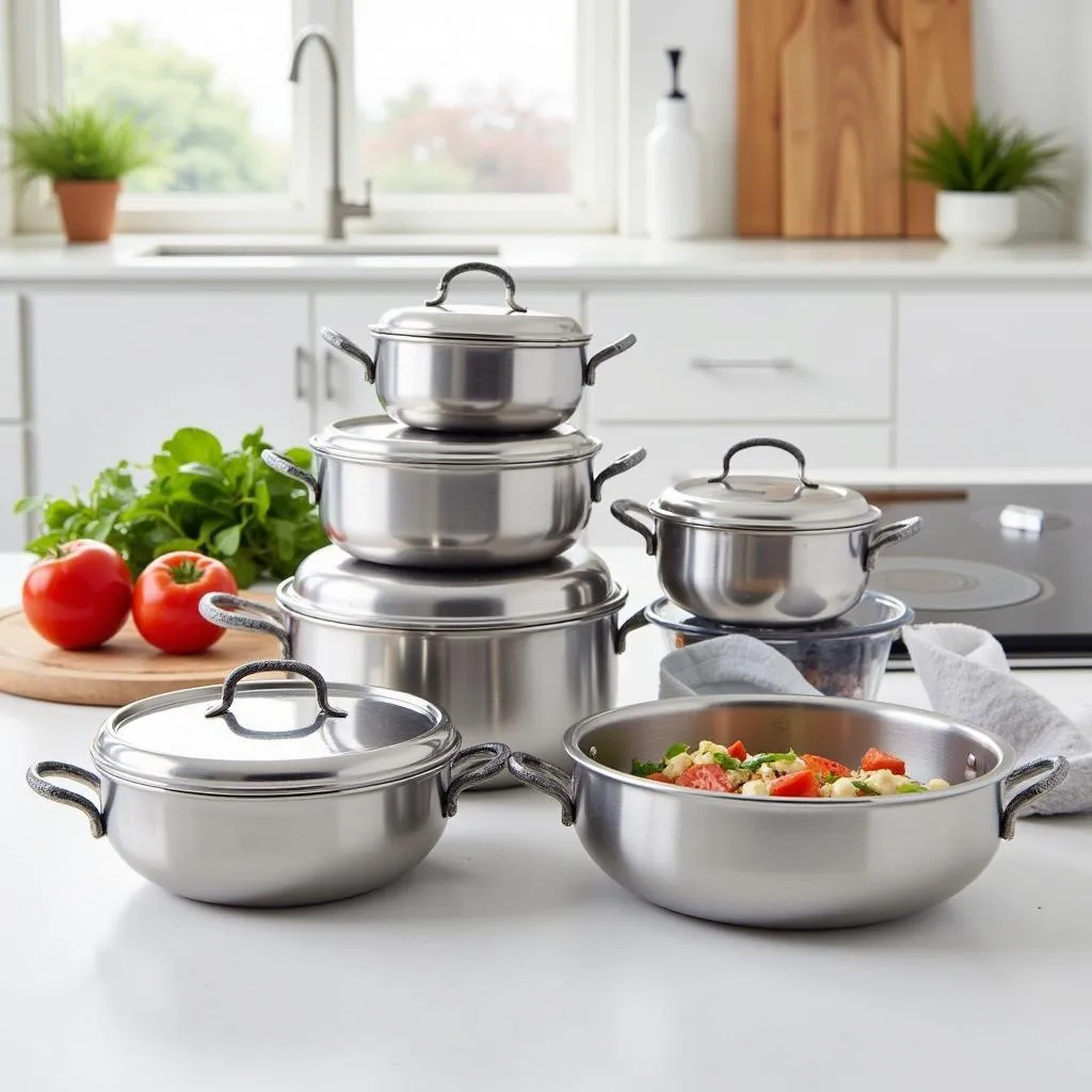 Modern stainless steel food containers arranged on a kitchen countertop