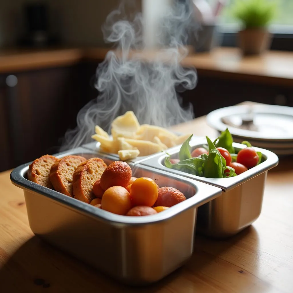 Stainless steel lunch box with steaming hot food