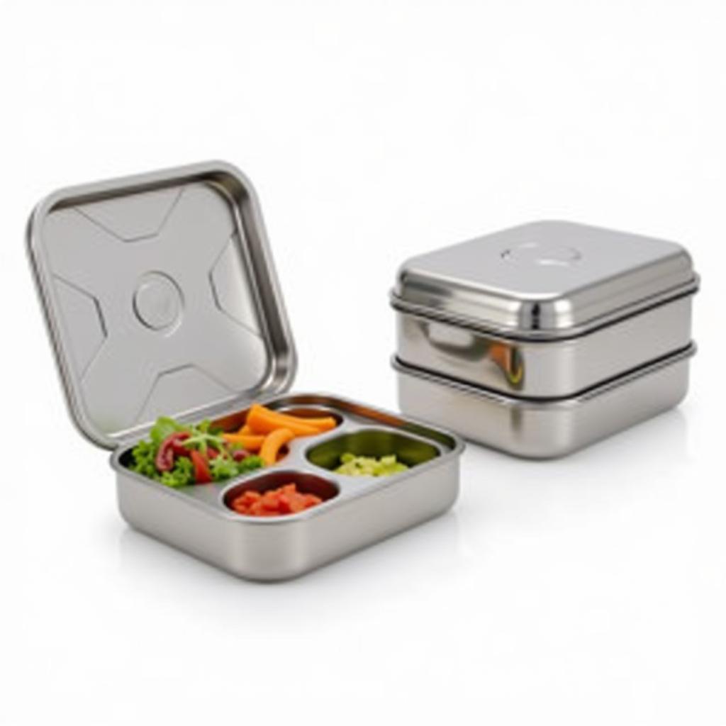 Stainless steel lunch boxes filled with a variety of colorful, healthy foods