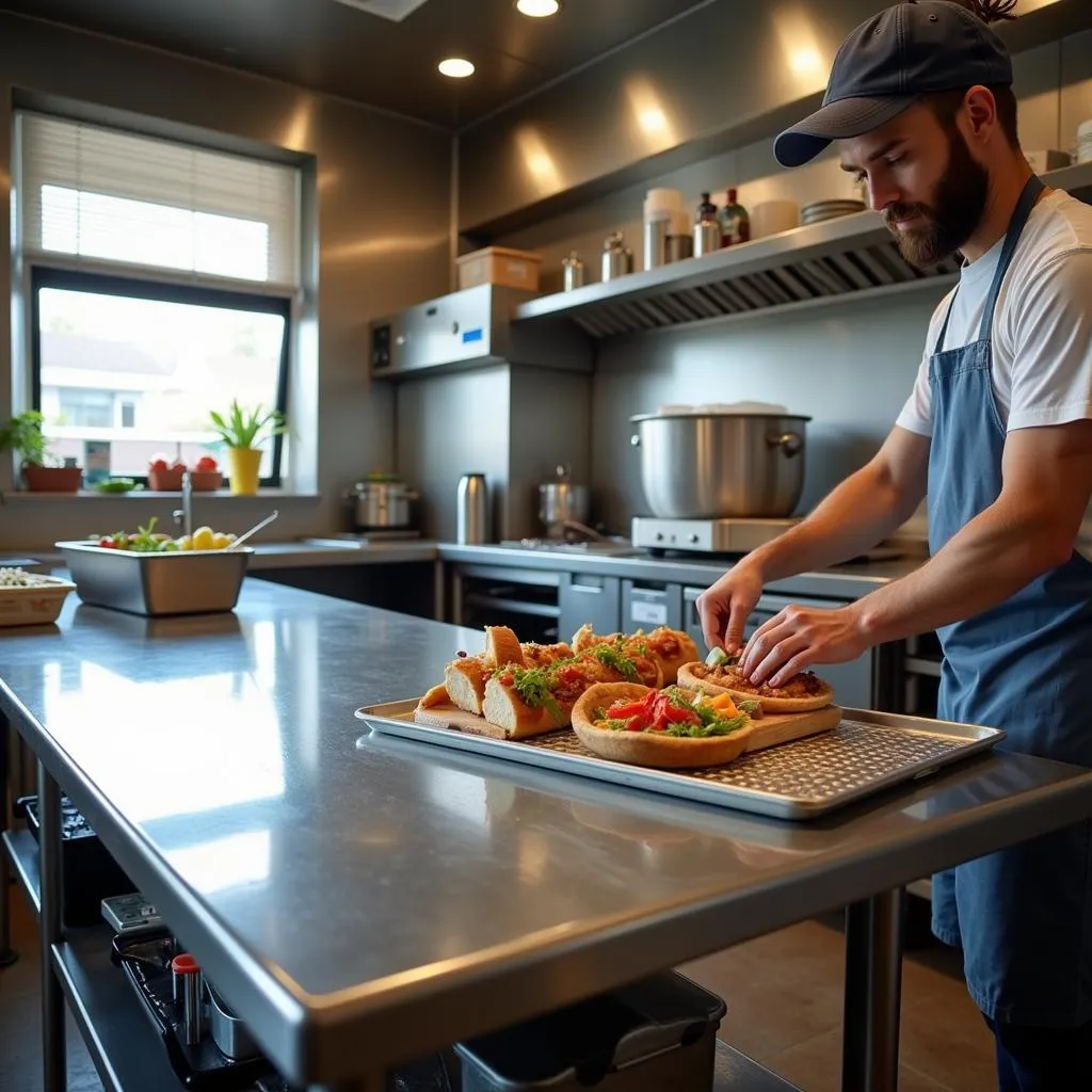 Stainless Steel Prep Tables in Food Trailer