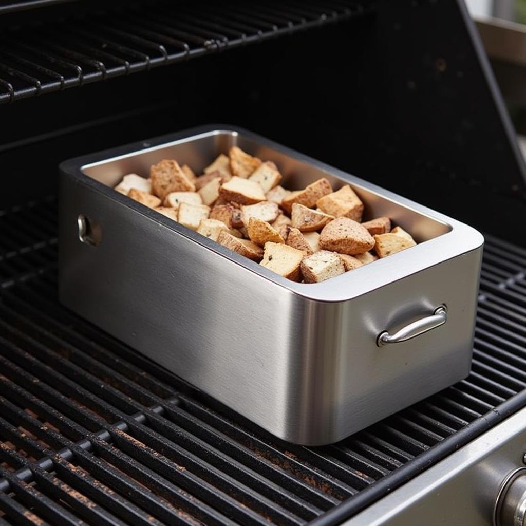 Smoker box filled with wood chips for gas grilling