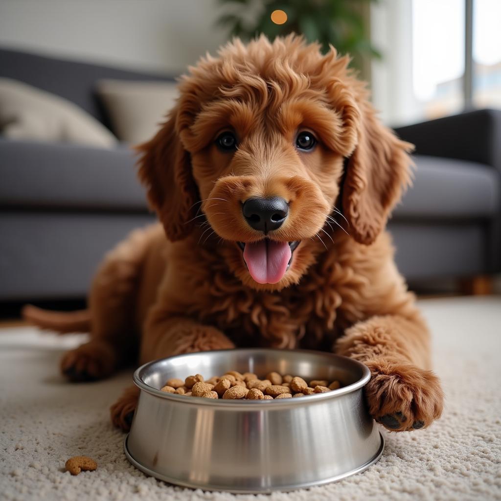 Standard Poodle puppy enjoying its meal from a bowl