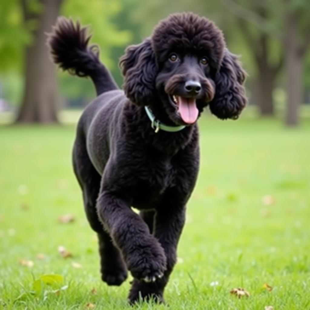 Standard poodle running happily in a park