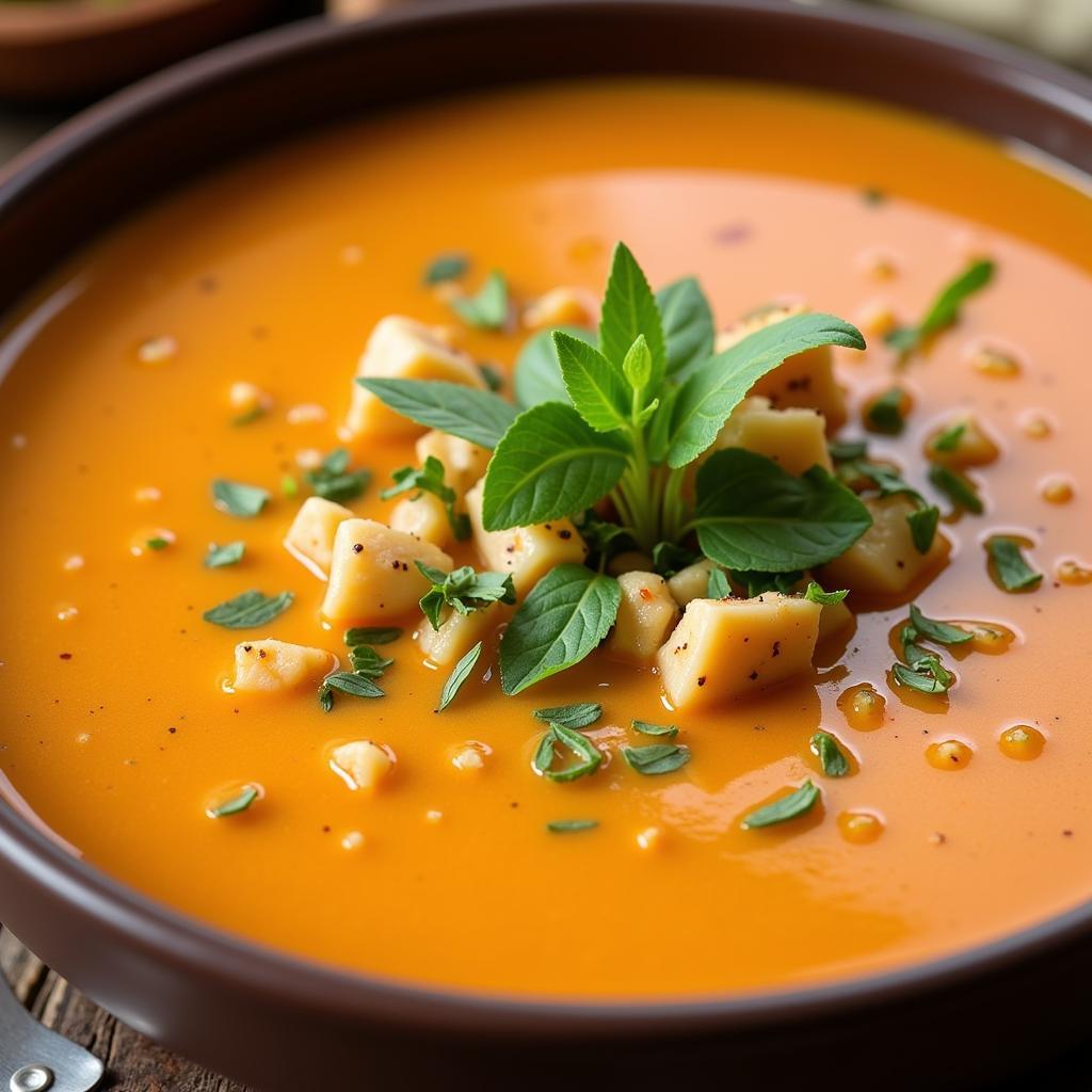 A steaming bowl of creamy crab bisque garnished with fresh herbs 