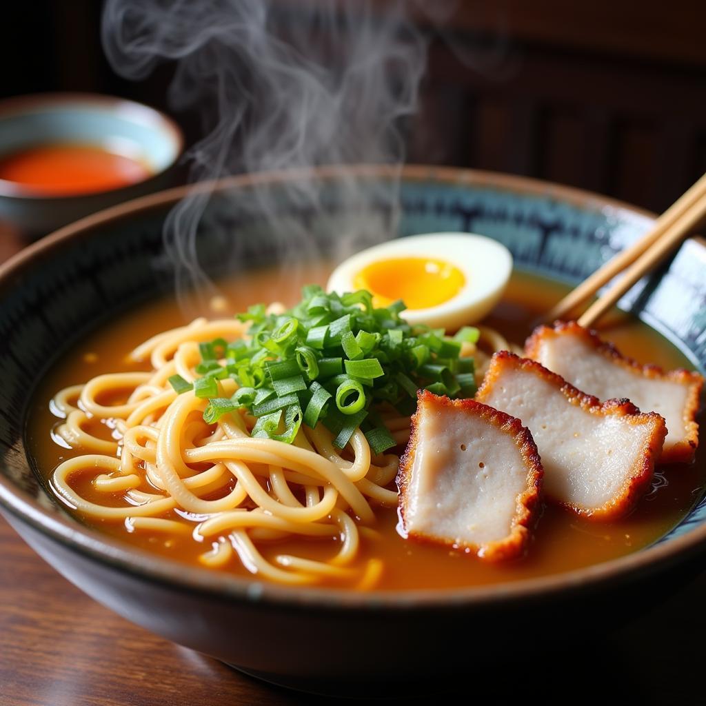 Steaming bowl of ramen with chopsticks