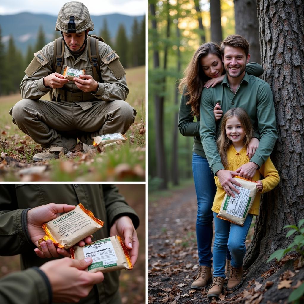 Individuals utilizing Sterling Foods MREs in different scenarios.