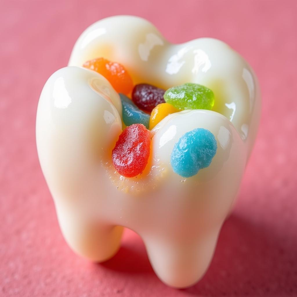 Sticky candy clinging to teeth