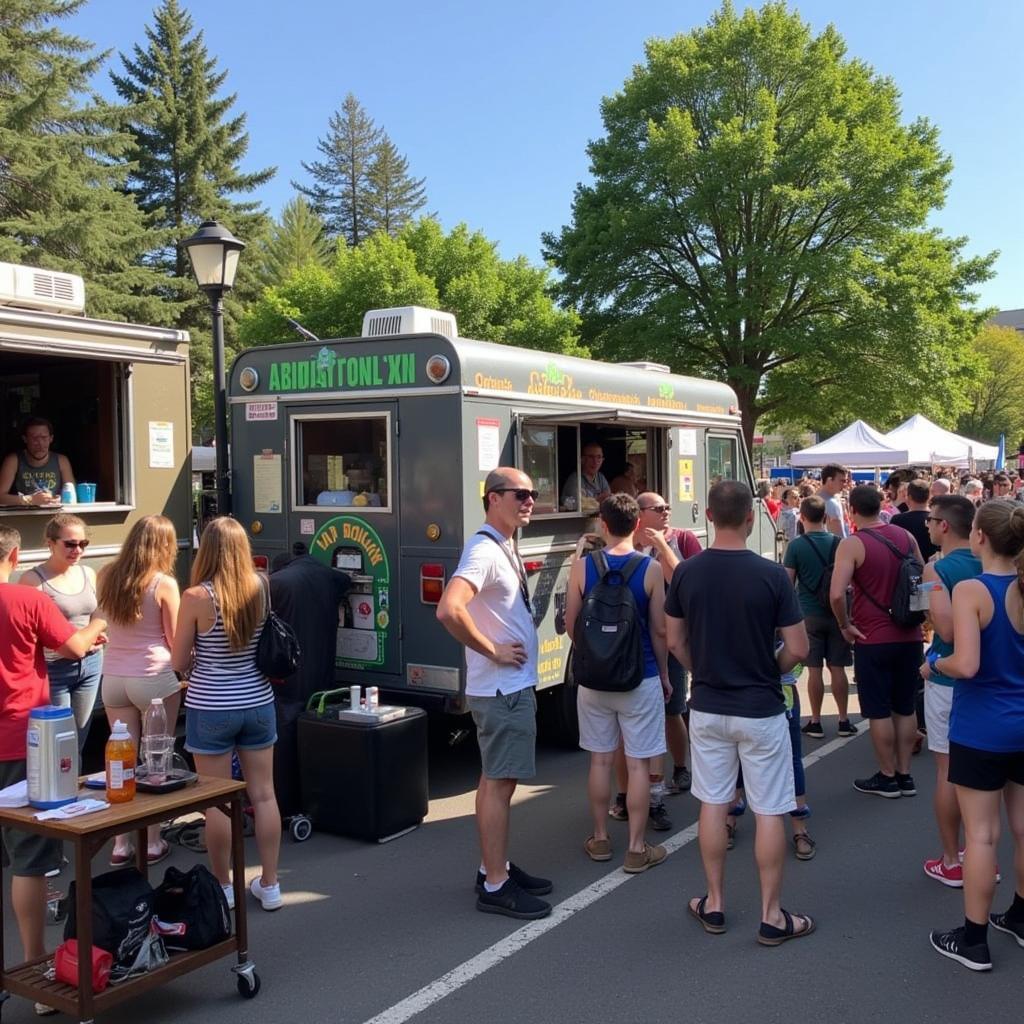 Crowds enjoying food and live music at the Stillwater Food Truck Extravaganza.