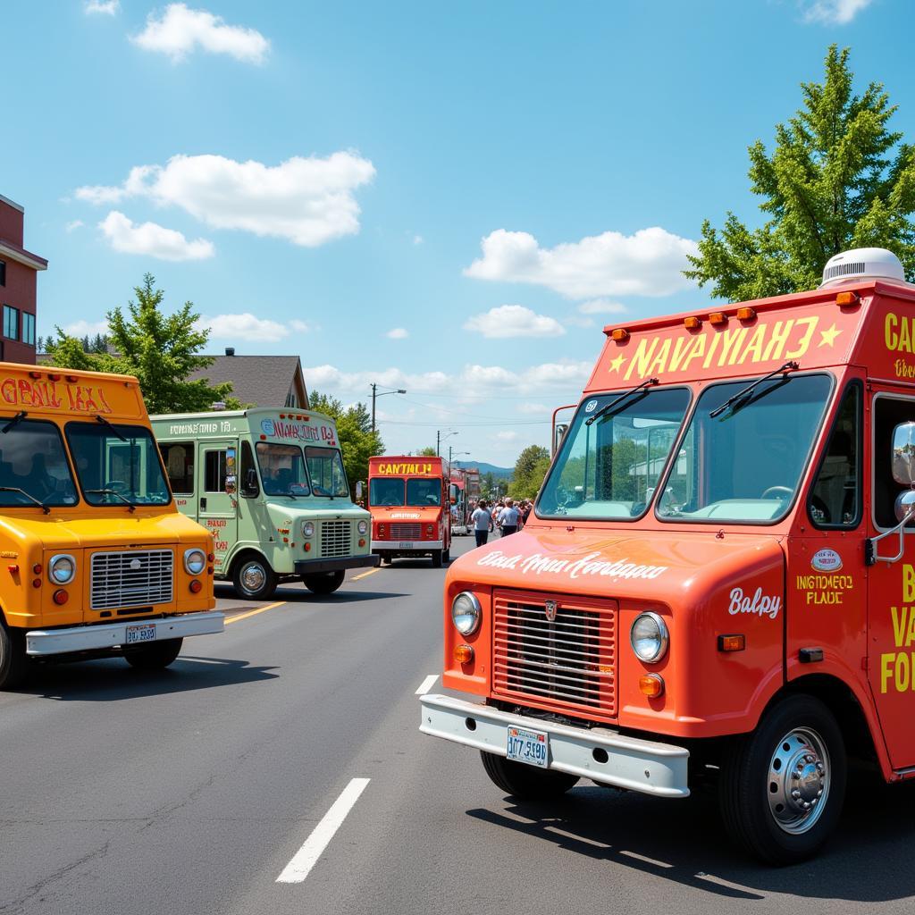 Food trucks lined up at the Stillwater Food Truck Extravaganza offering diverse cuisines.