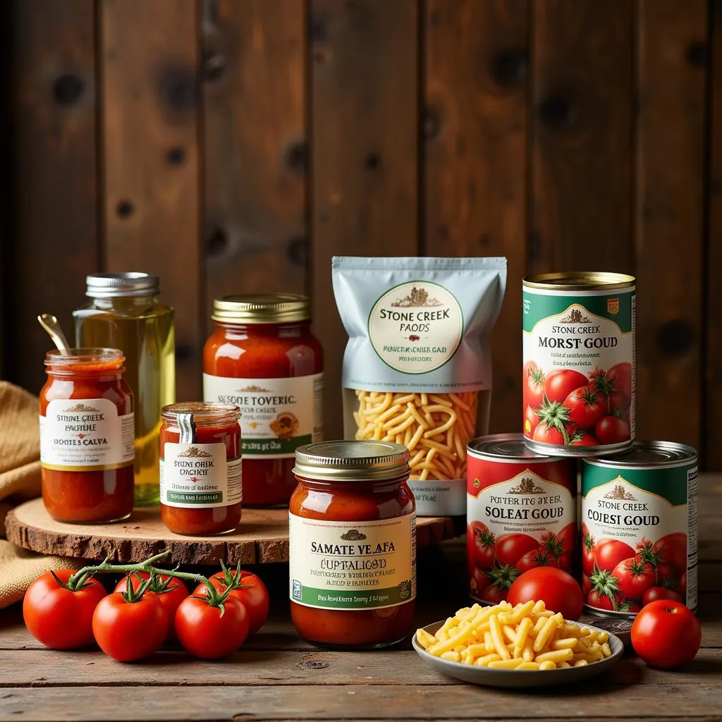 A diverse range of Stone Creek Foods products displayed on a rustic wooden table.