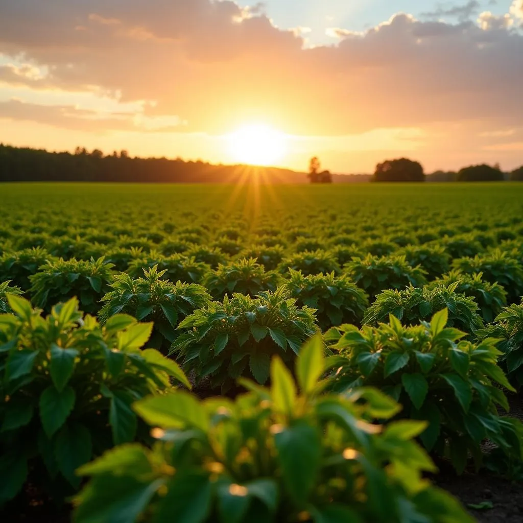 Lush green tomato fields bathed in golden sunlight.