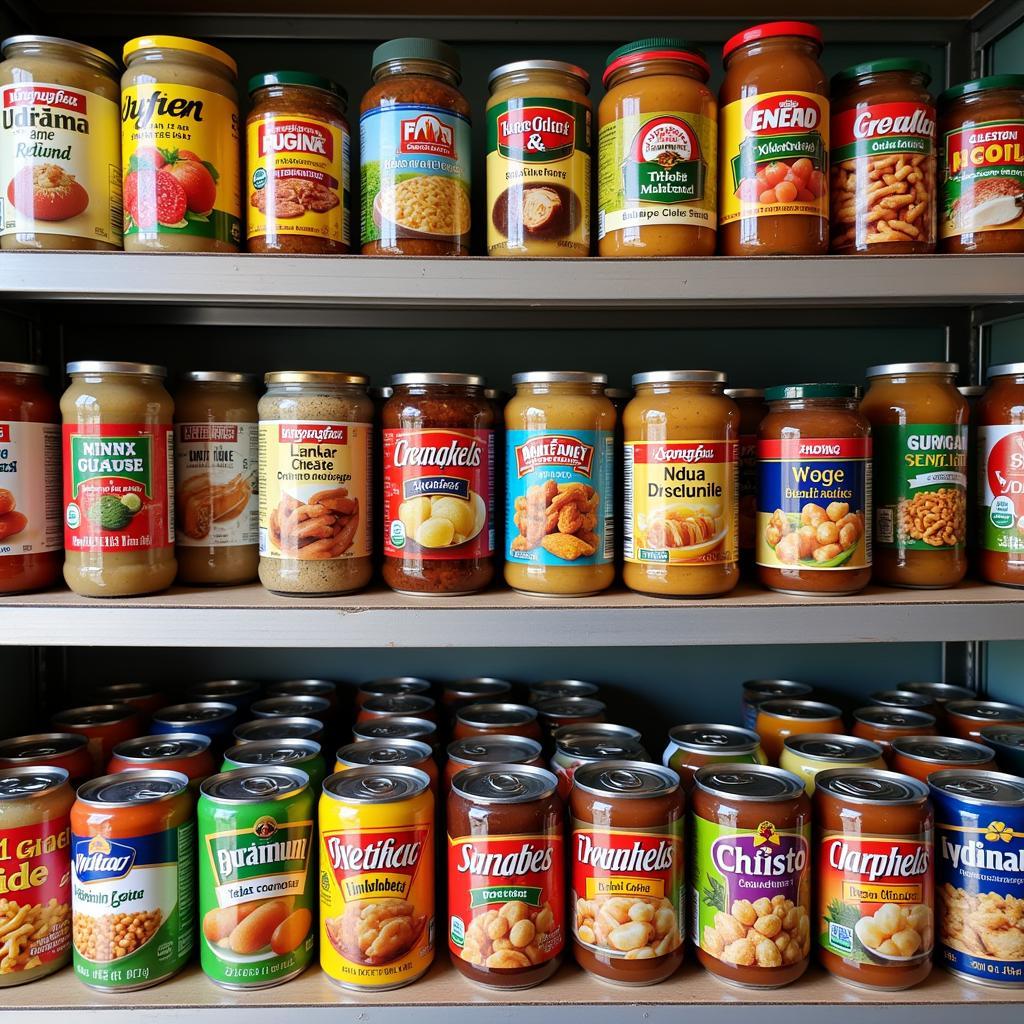 Canned goods arranged in a garage pantry