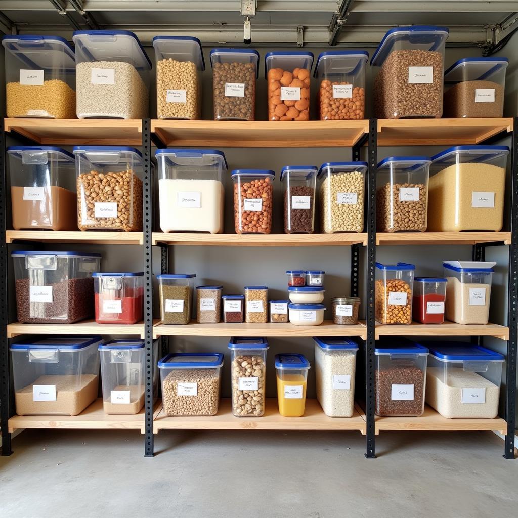 Food stored on garage shelving