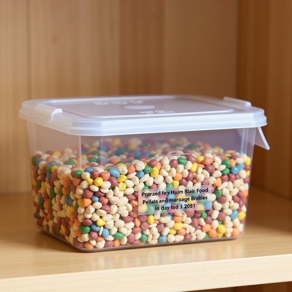 An airtight container filled with parrot food, stored in a cool, dry place