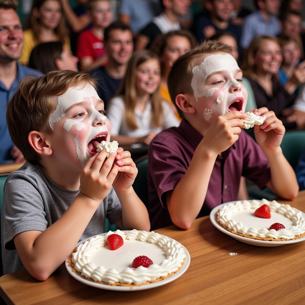 A fun pie-eating contest at a Strawberry Festival.