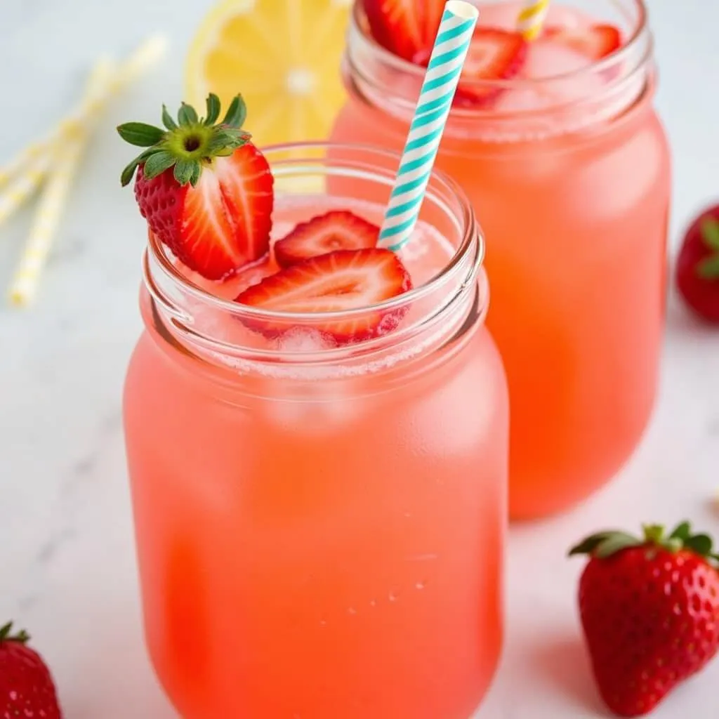 Refreshing strawberry lemonade in a mason jar with a straw