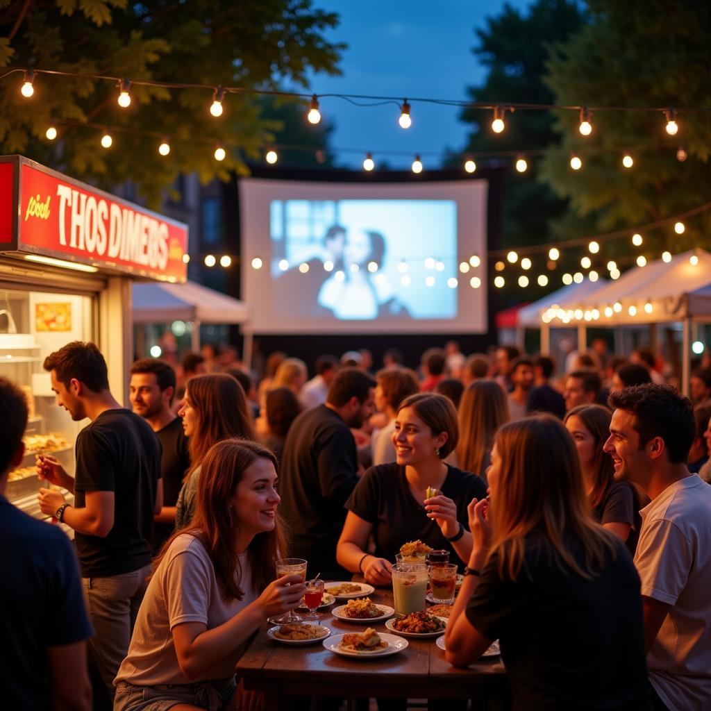 A bustling street food cinema crowd enjoying the experience