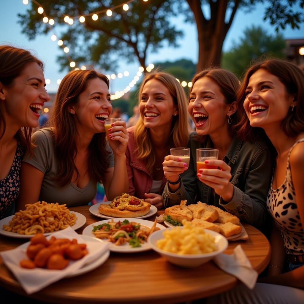 Friends sharing a meal at a street food cinema event