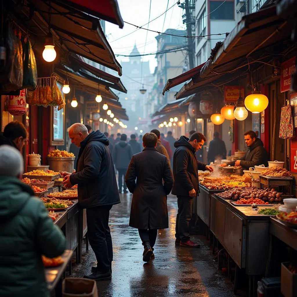 A bustling street food market with a diverse crowd enjoying food from various vendors