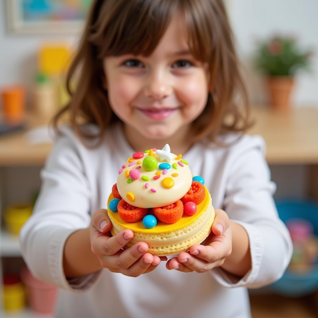 A child proudly displaying a pretend cake made with stretcheez play food