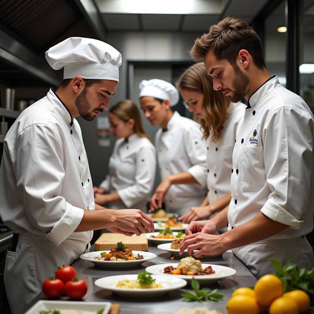 Culinary students practicing their skills in a professional kitchen