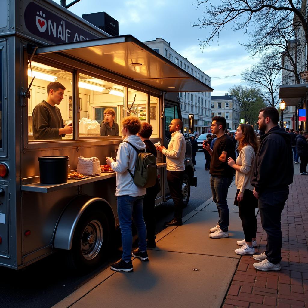 A busy food truck serving customers