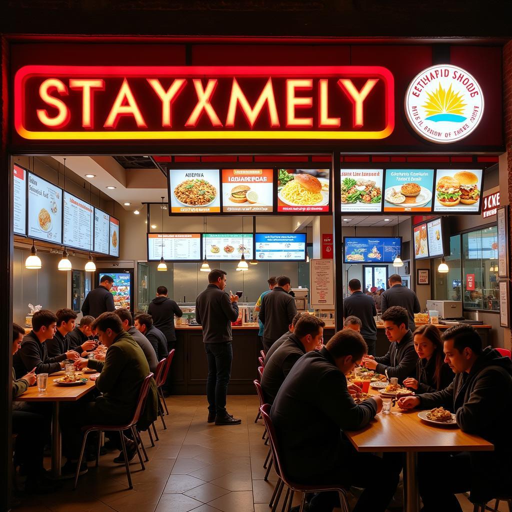 A bustling halal food franchise with happy customers.