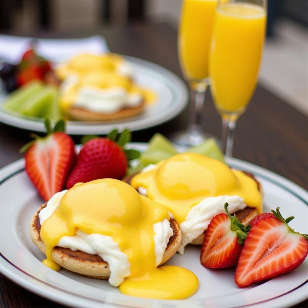 A plate of Eggs Benedict with a side of fresh fruit and two mimosas