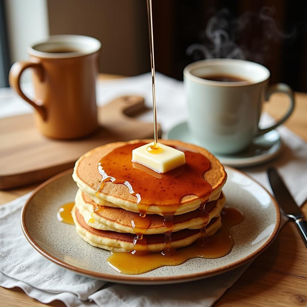 A stack of fluffy pancakes drizzled with syrup and a cup of steaming coffee