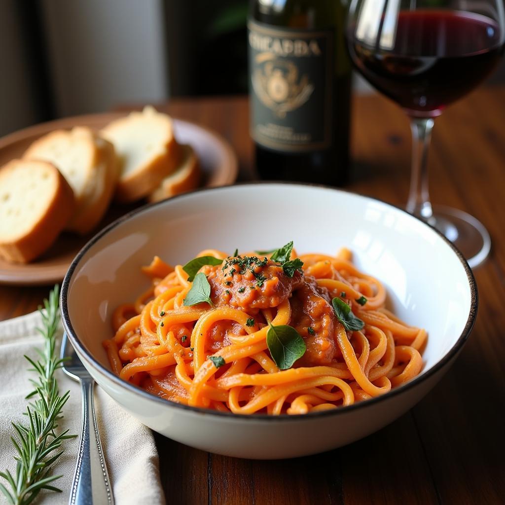  A table setting with a bowl of pasta, a glass of red wine, and fresh bread 