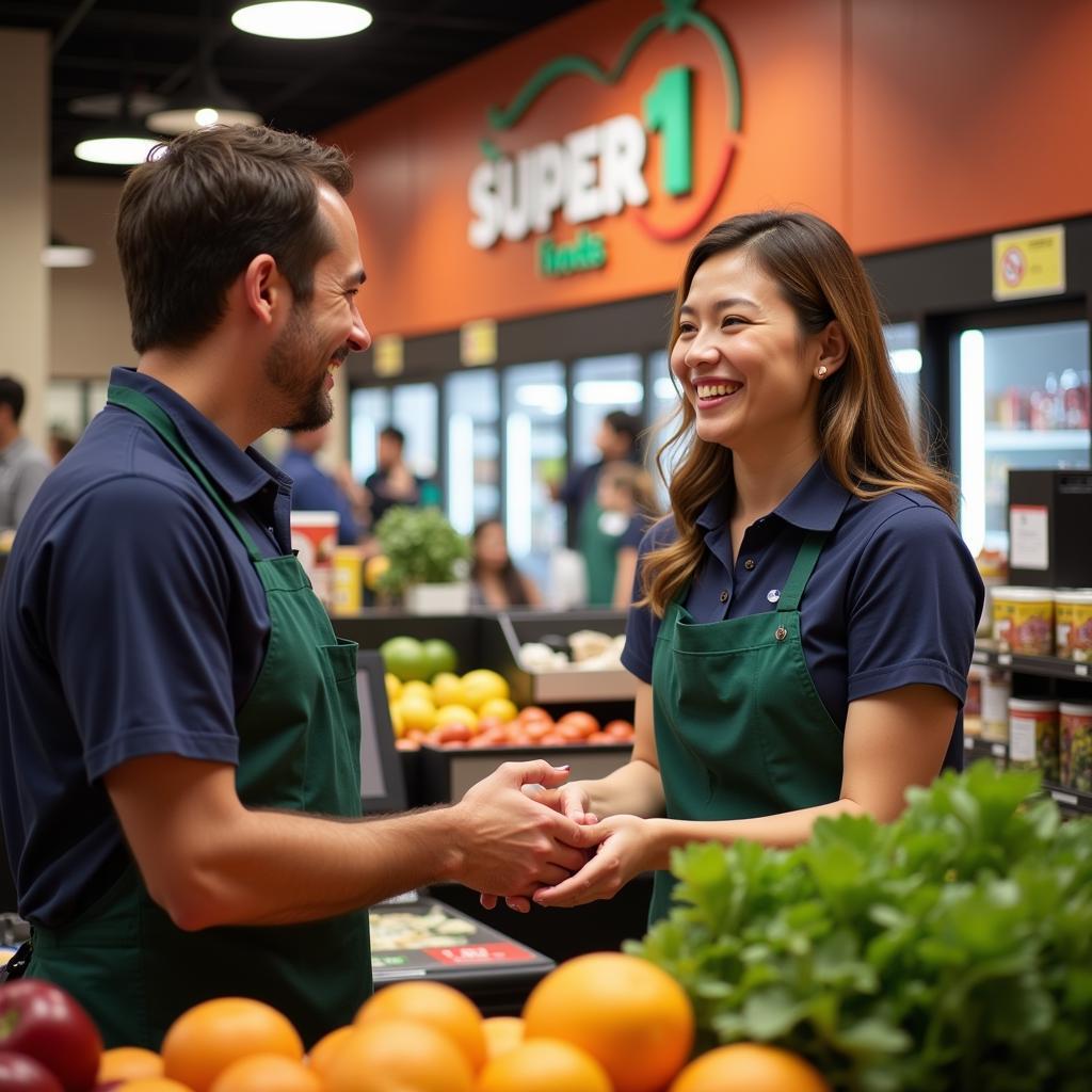 A friendly Super 1 Foods cashier assisting a customer with their groceries at checkout