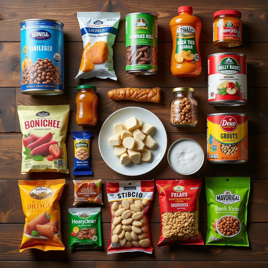 Essential survival food items neatly organized on a wooden table