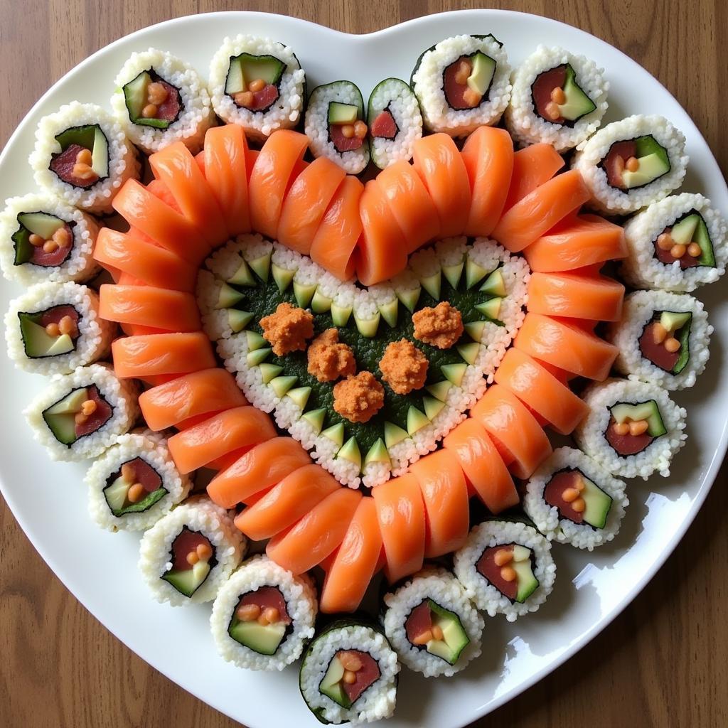 Heart-shaped sushi platter for a romantic Valentines Day dinner