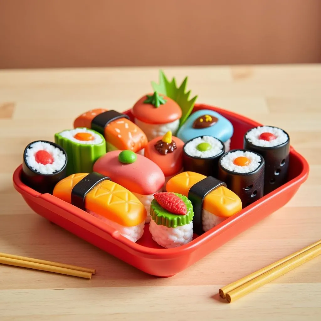 Colorful sushi play food set arranged on a table, inspiring imaginative play in children.