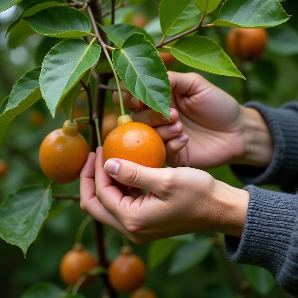 Hands Carefully Harvesting Food from Trees