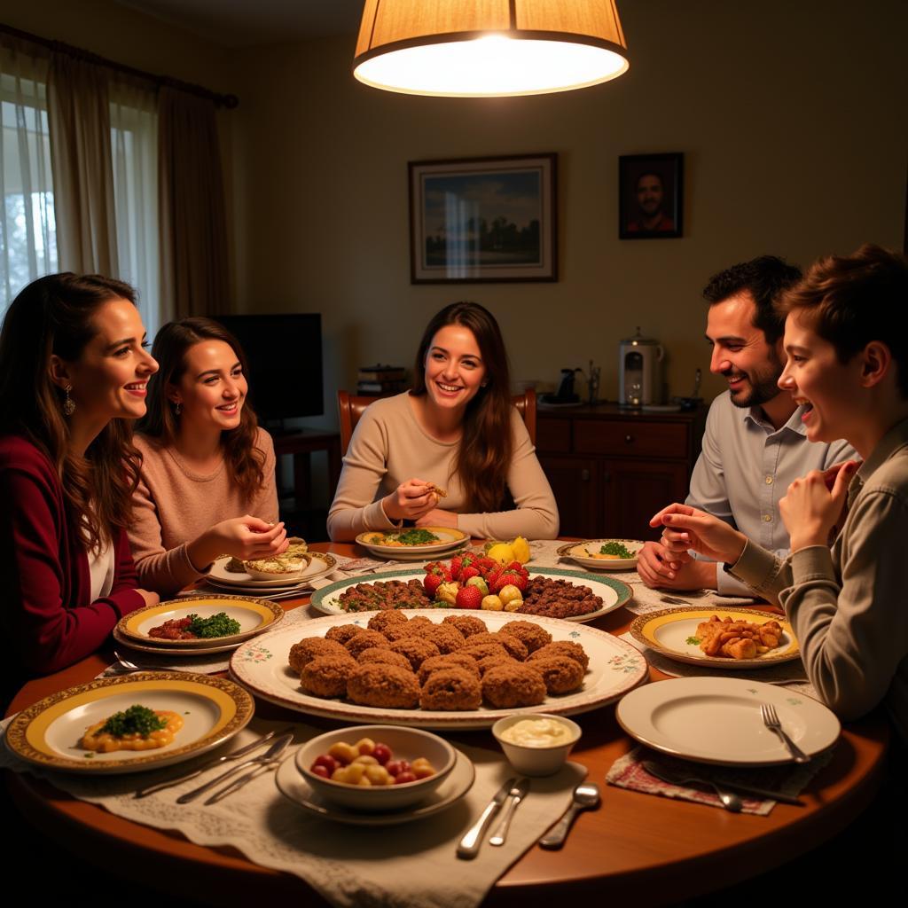 A Syrian family enjoying kibbeh together