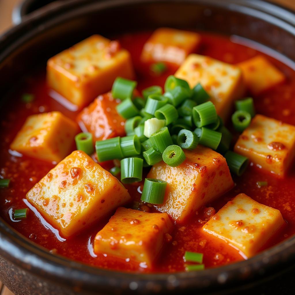 Close-up of a steaming bowl of Mapo Tofu, garnished with scallions, showcasing the vibrant red chili oil and silky tofu.