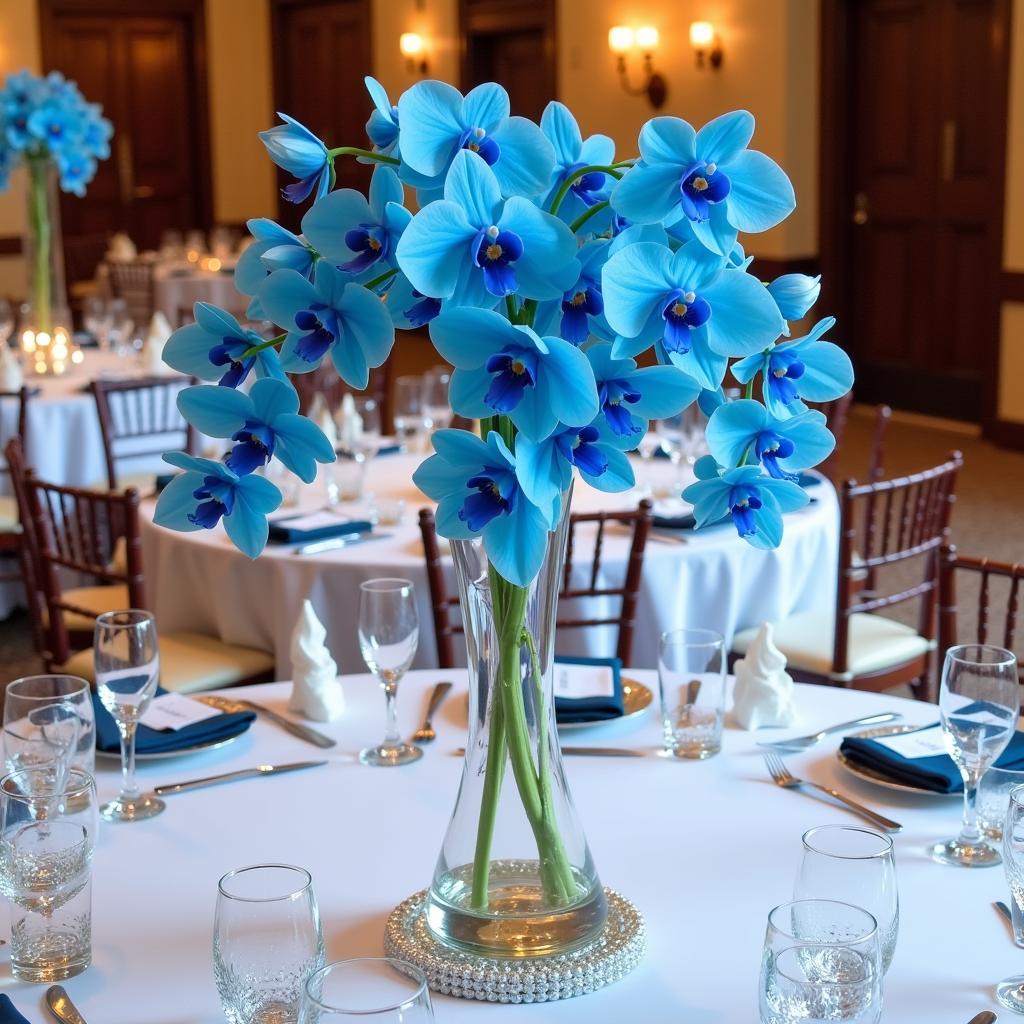 Table setting with a blue orchid centerpiece