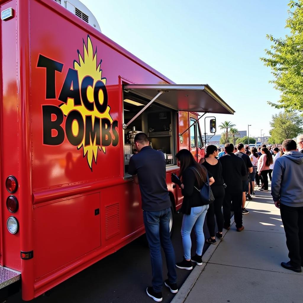 Taco Bombs Food Truck parked curbside with a line of eager customers