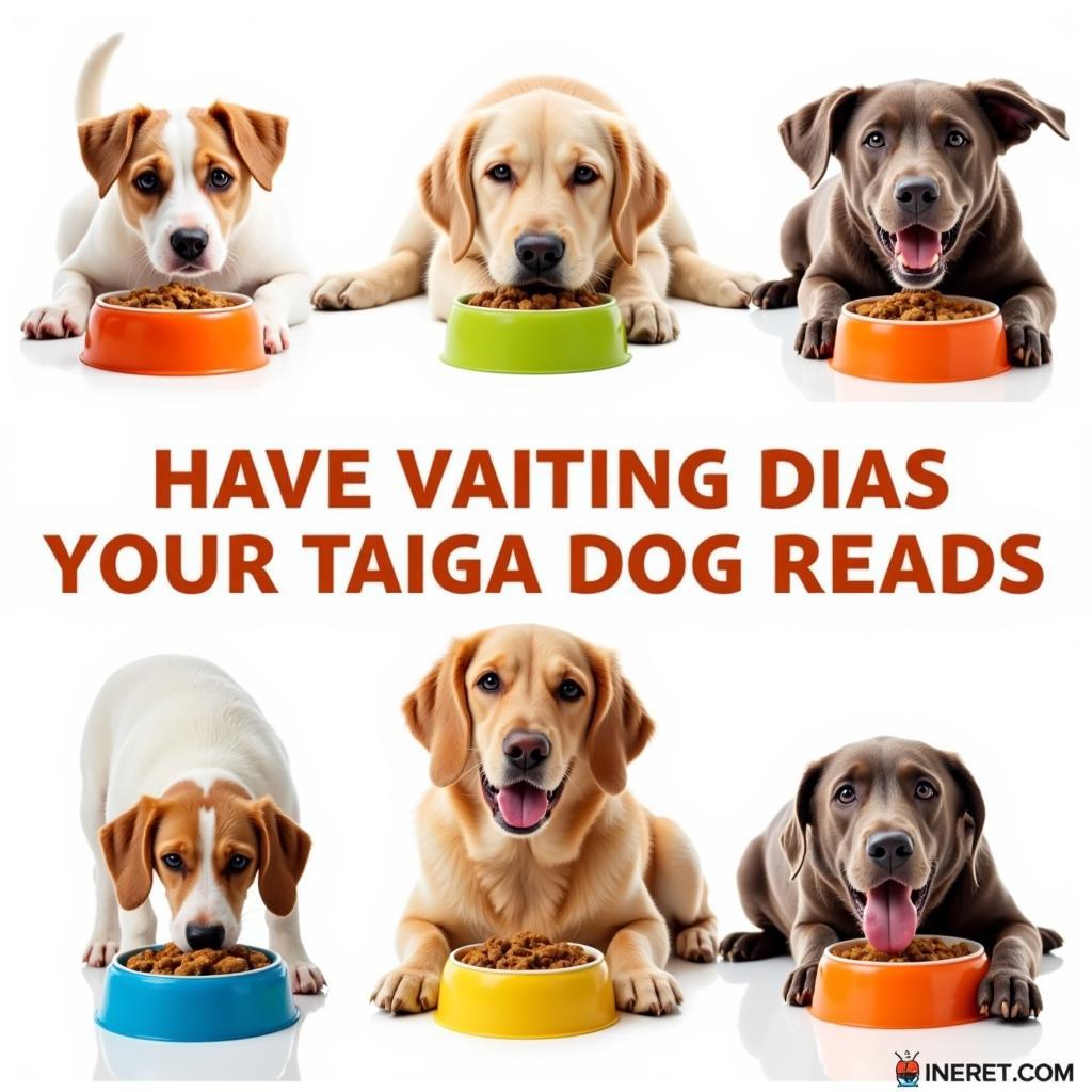 Different dog breeds enjoying Taiga dog food.