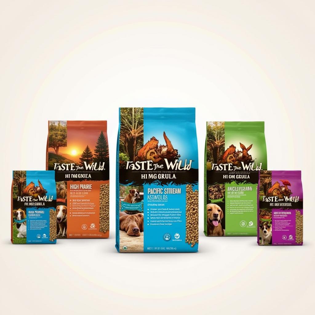 Bags of Taste of the Wild dog food in various formulas