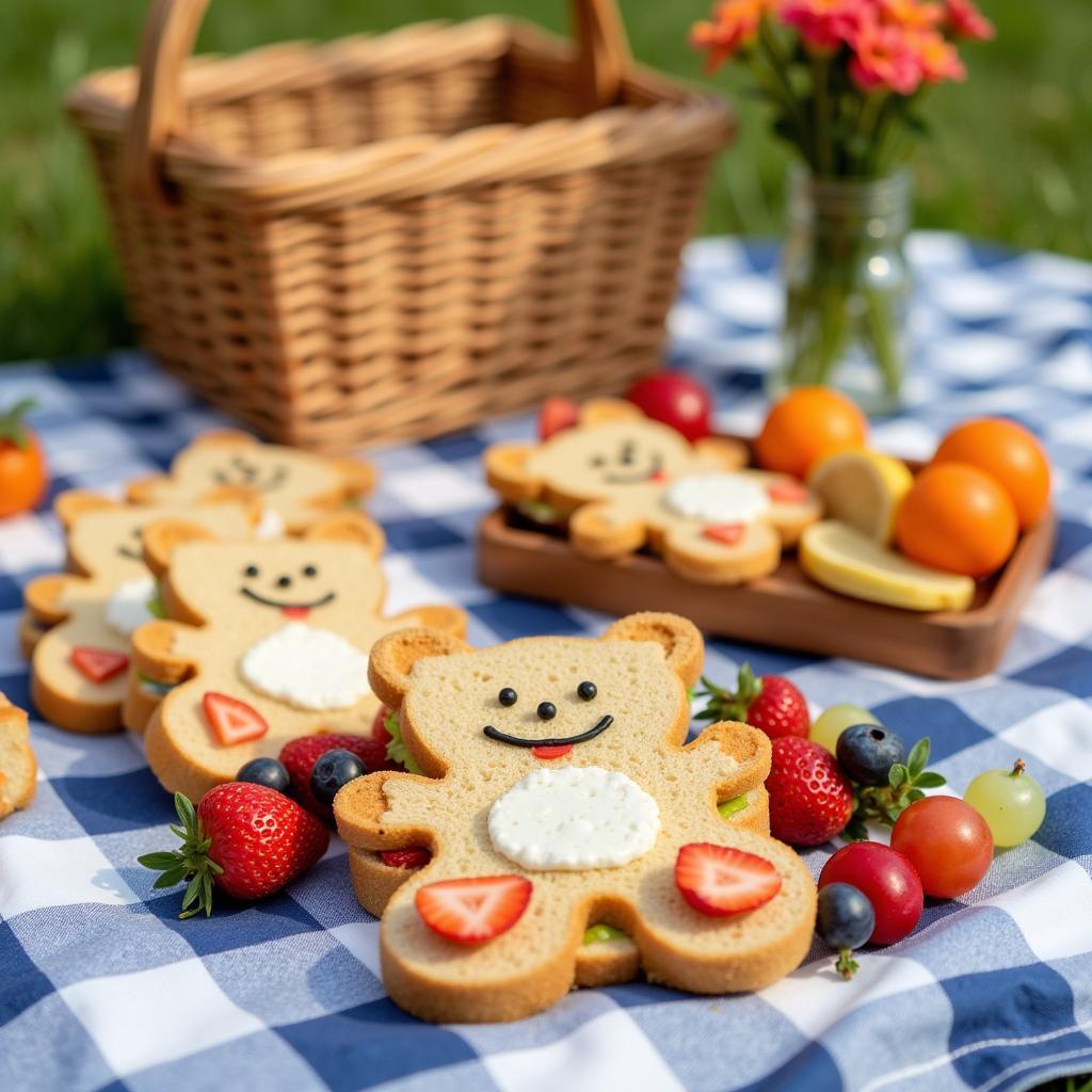 Teddy bear sandwiches and fruit skewers on a picnic blanket