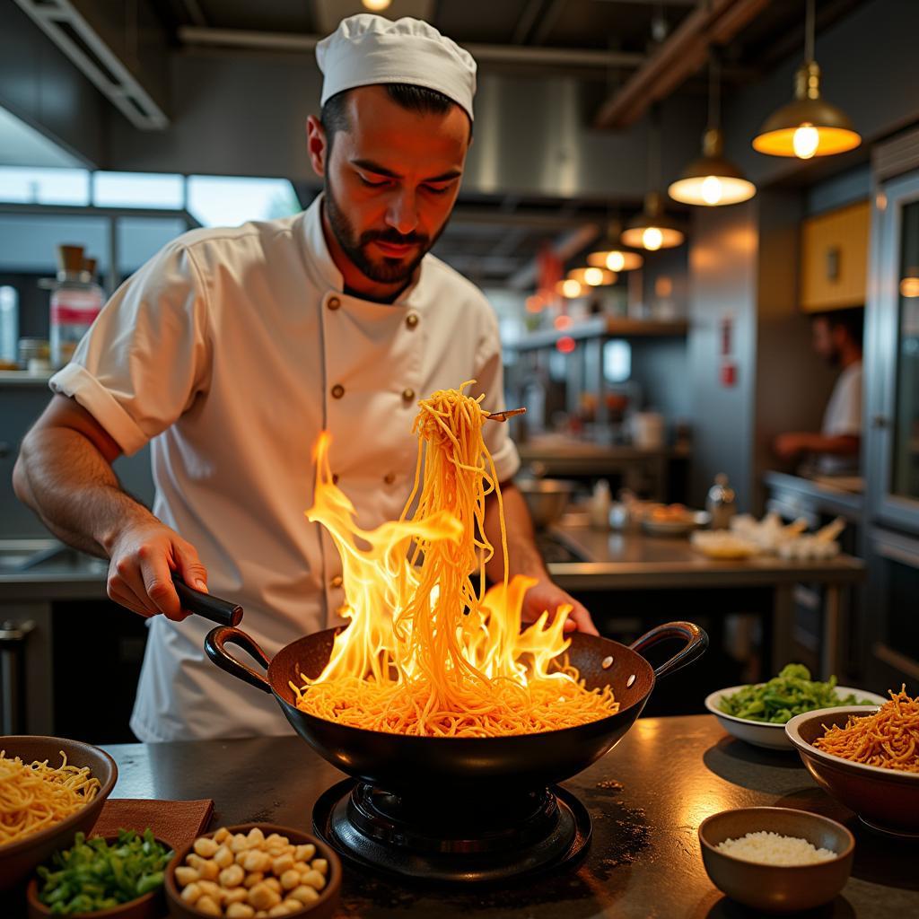 A chef in Sparks expertly cooks Pad Thai in a wok.