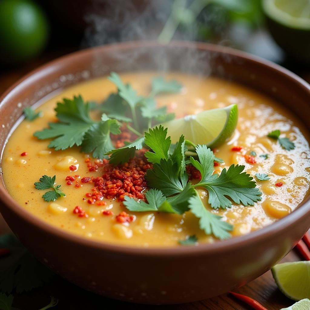 Steaming bowl of Thai coconut soup with herbs and spices