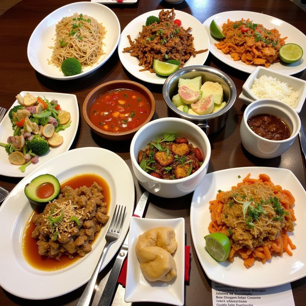 A table full of various Thai dishes in Chattanooga, including Pad Thai, green curry, and spring rolls.