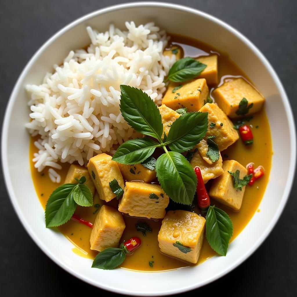 A steaming bowl of Thai green curry with chicken