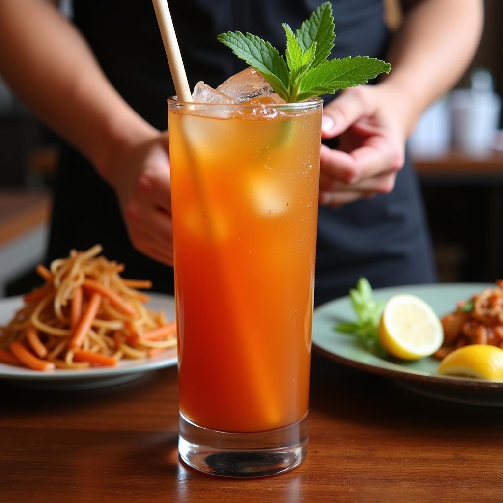 A tall glass of refreshing Thai Iced Tea served with a smile at an Elmhurst Thai eatery