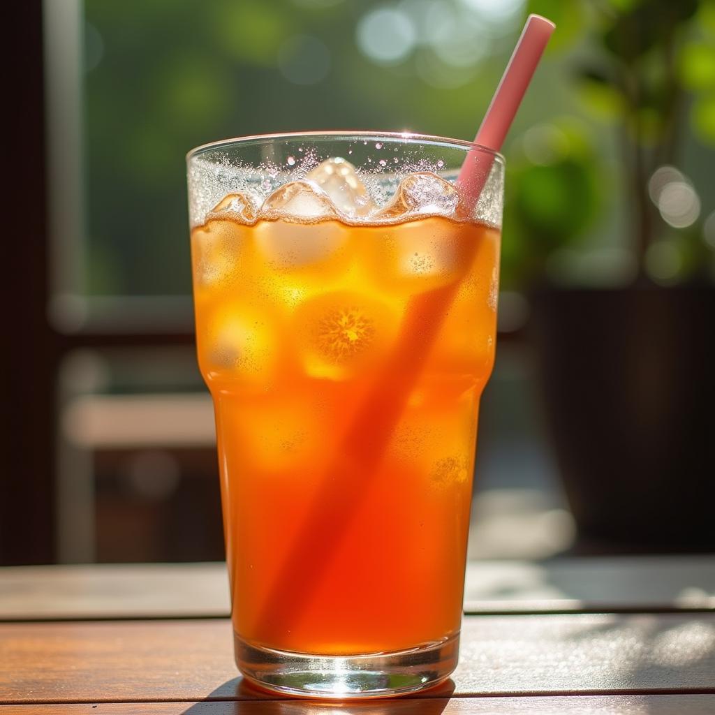 A tall glass of Thai iced tea with a straw