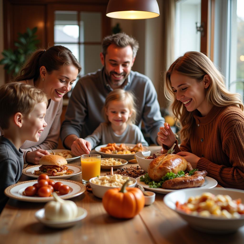 A happy family enjoying their Thanksgiving meal together.